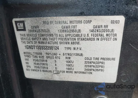 2003 Chevrolet Trailblazer Ls z USA, uszkodzony, nr VIN 1GNDT13S932298124